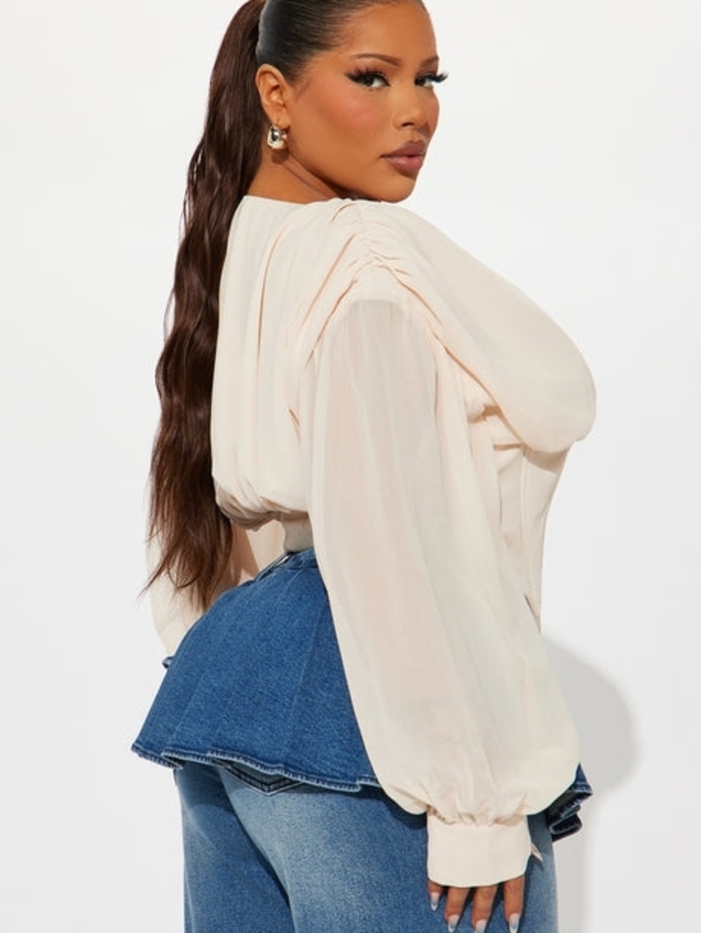 Cute But Psycho Chiffon Corset Top - Draped Cream Blouse with Balloon Sleeves